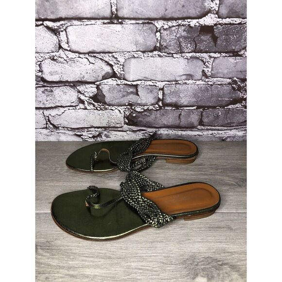 Via Spiga Metallic Green Leather Braided Flats Sandals Women’s Sz 8.5M US/39EU - Picture 1 of 16